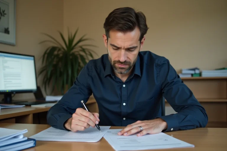 Homme consultant des documents officiels pour récupérer son permis de conduire dans un bureau administratif