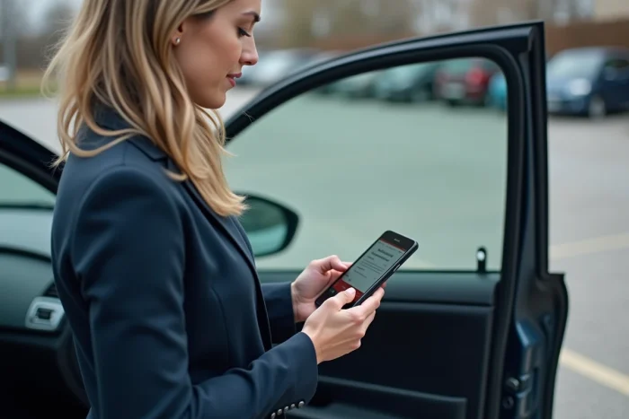 Femme consultant le service client Renault sur son téléphone pour récupérer le code autoradio