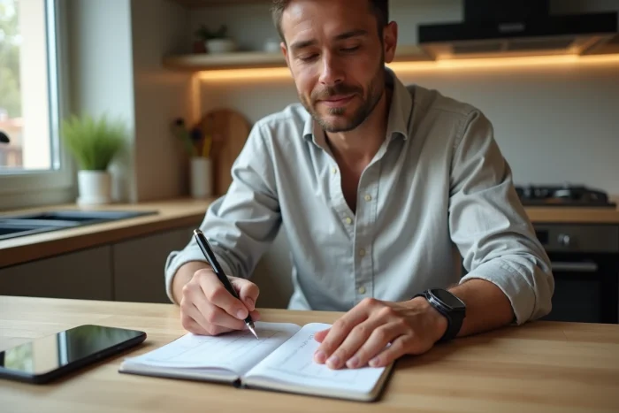 Un homme remplit soigneusement un chèque différé à la table de sa cuisine avec un carnet de budget