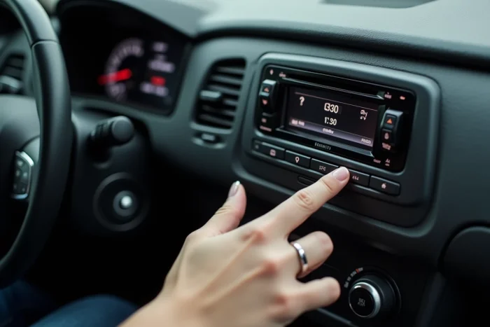 Gros plan sur un autoradio Renault avec saisie du code de déverrouillage sur le panneau de commande