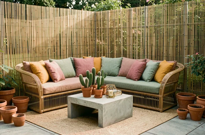 Salon de jardin en rotin avec coussins en lin colorés, table basse en béton décorée de cactus en pot et bougeoir géométrique en laiton sur terrasse privée