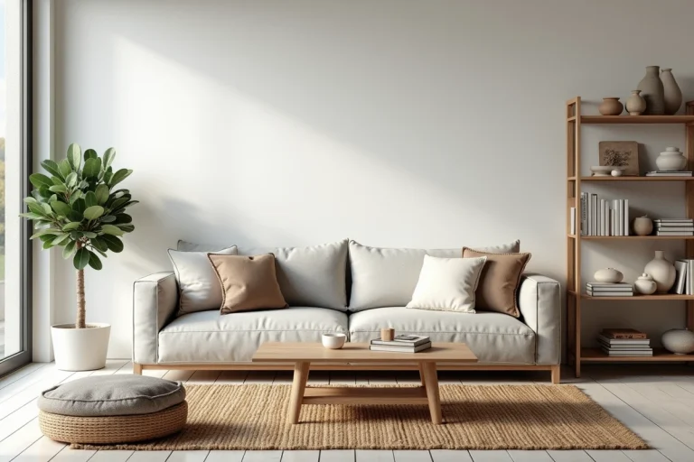 Salon moderne de style scandinave avec canapé en lin gris, table basse en chêne et plante verte dans un intérieur épuré et chaleureux