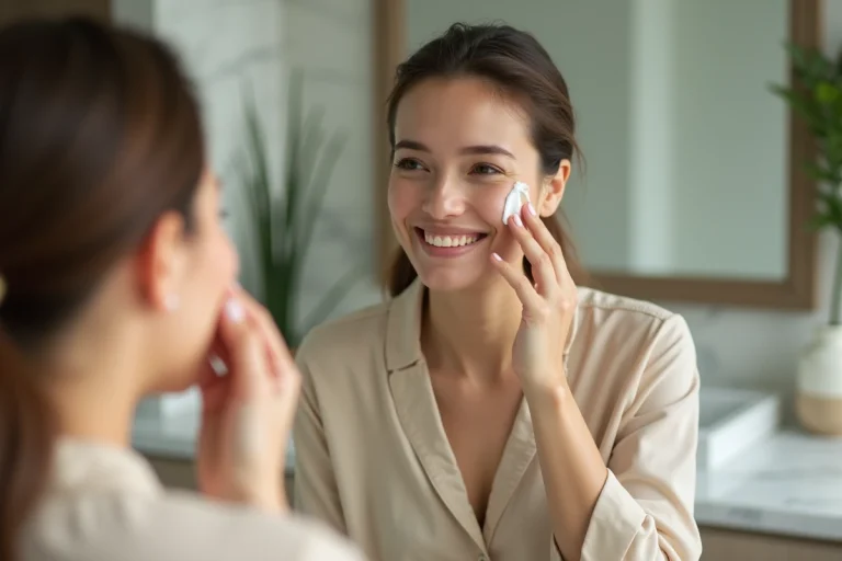 Femme appliquant une creme visage dans sa salle de bain