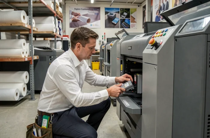 Technicien informatique remplaçant une cartouche dans une imprimante grand format dans un atelier d'impression professionnel