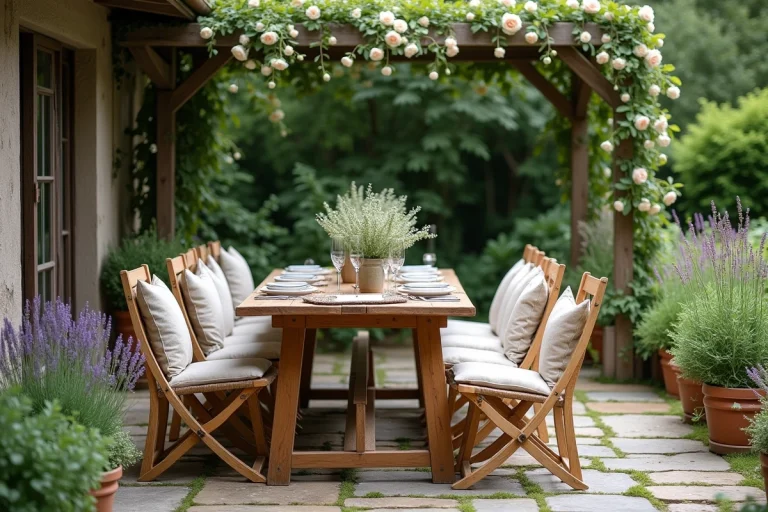 Terrasse de jardin naturelle avec table en bois rustique, chaises en lin et plantes aromatiques sur pavés de pierre