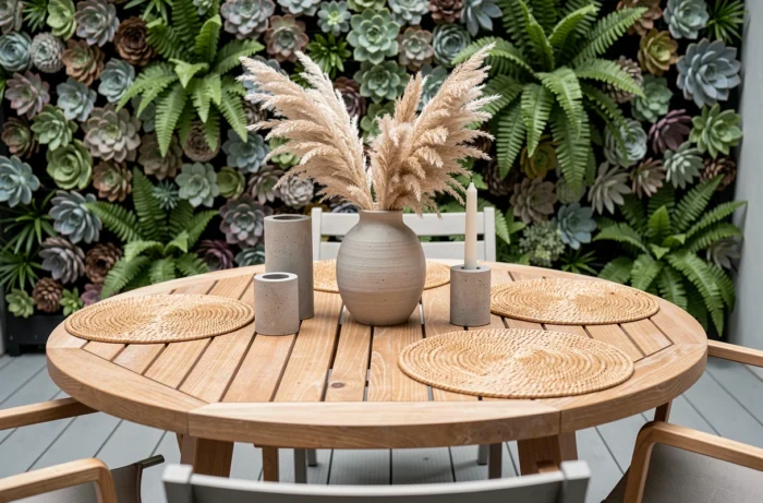 Table en teck sur une terrasse moderne ornée d'un vase en céramique avec herbes de la pampa, bougeoirs en béton et sets de table en rotin, devant un mur végétal