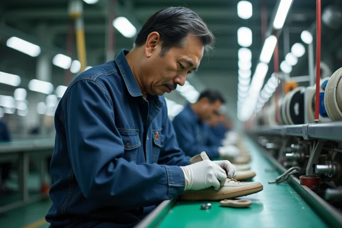 Ouvrier dans une usine de fabrication de chaussures Skechers en Asie, cousant une semelle sur une chaîne de montage industrielle