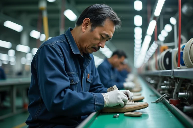 Ouvrier dans une usine de fabrication de chaussures Skechers en Asie, cousant une semelle sur une chaîne de montage industrielle