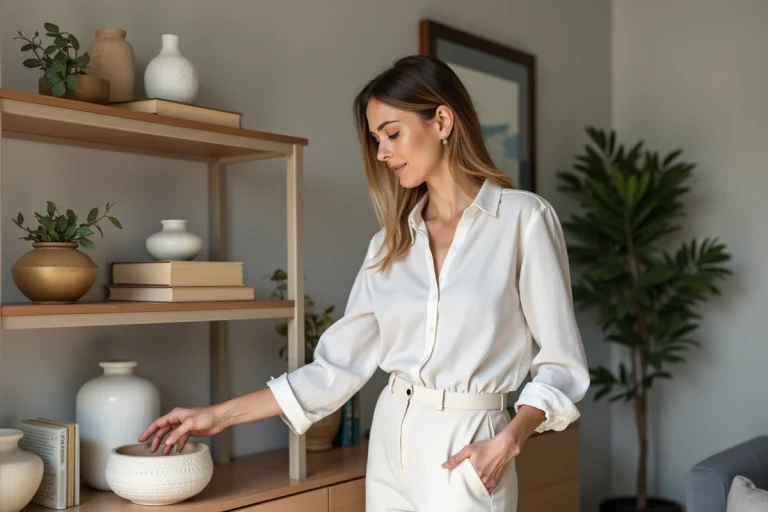Femme élégante arrangeant des vases dans un salon moderne